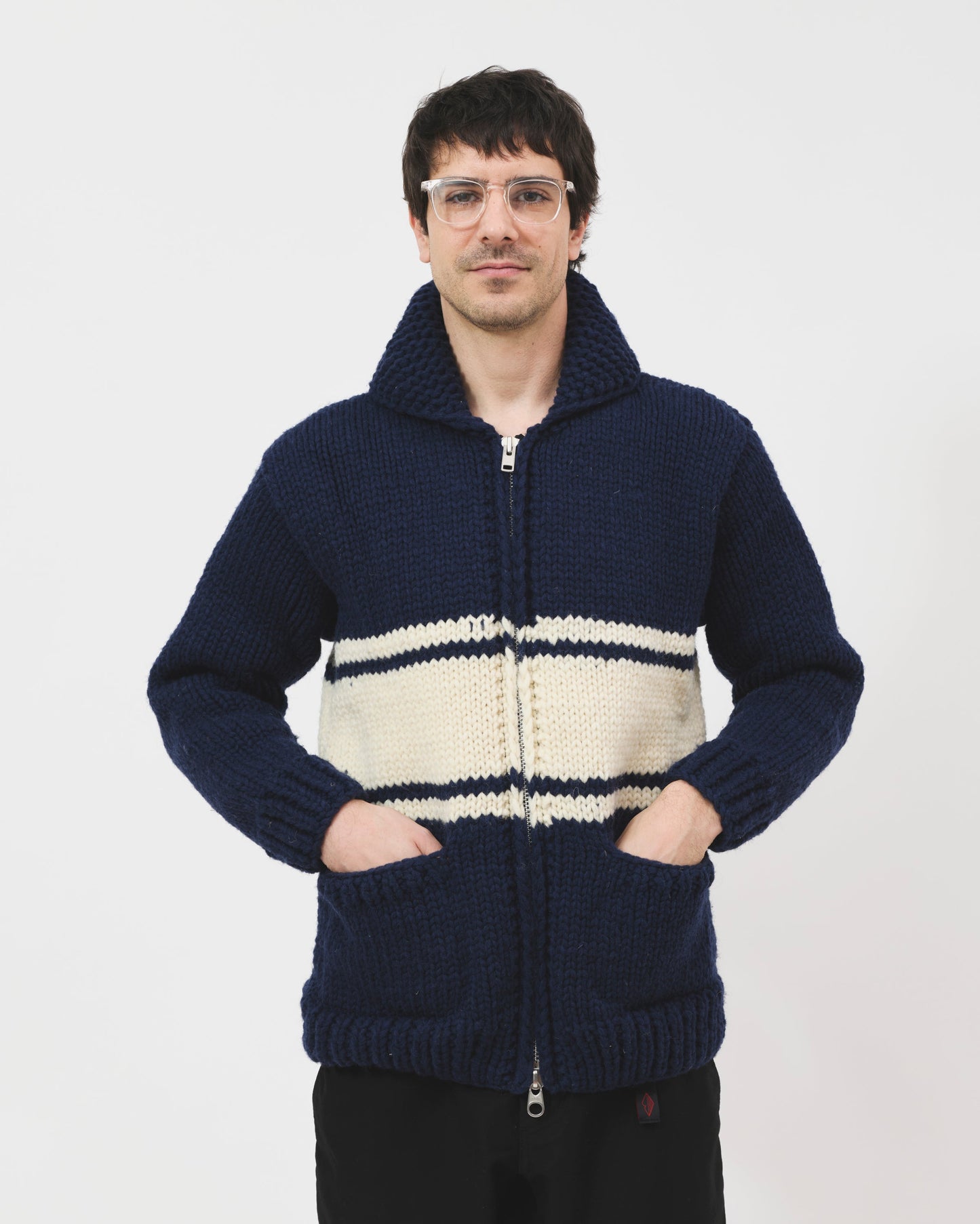 Cowichan Cardigan - Blue w/White Stripe
