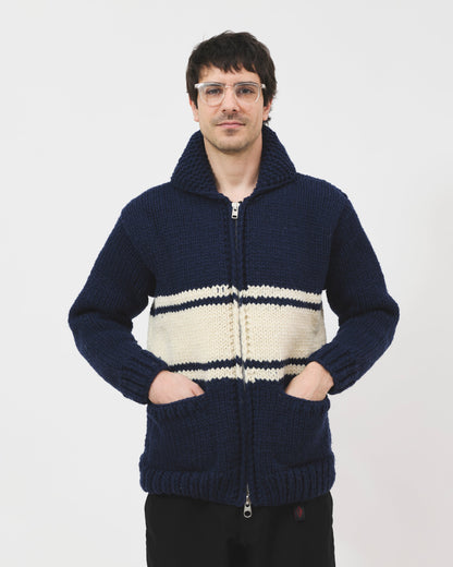 Cowichan Cardigan - Blue w/White Stripe