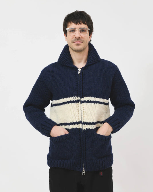 Cowichan Cardigan - Blue w/White Stripe