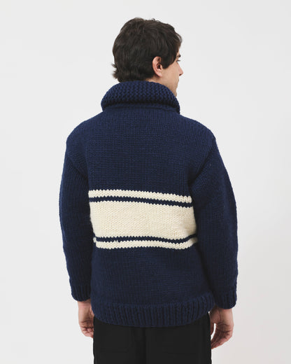 Cowichan Cardigan - Blue w/White Stripe